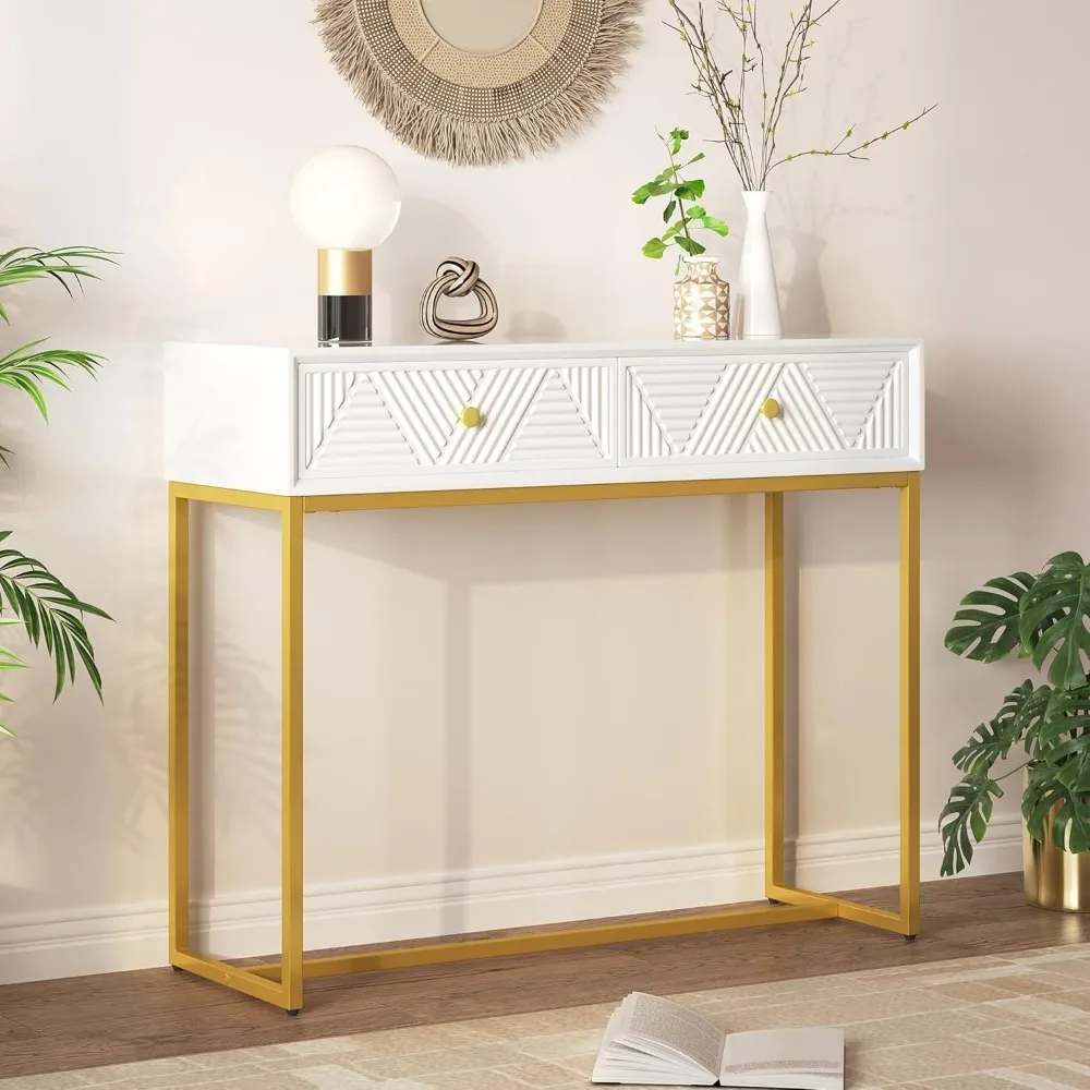 

Modern Sleek Entryway Console Table with Two Drawers and Stripe Design - White MDF for Living Room & Hallway