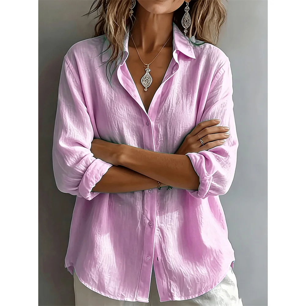 Damen Langarm Lose Passform Baumwolle-Leinen-Hemd Einfarbig Modisch Schlichter Stil Atmungsaktiv Leicht Lässige Oversize-Hemden – Detail 16