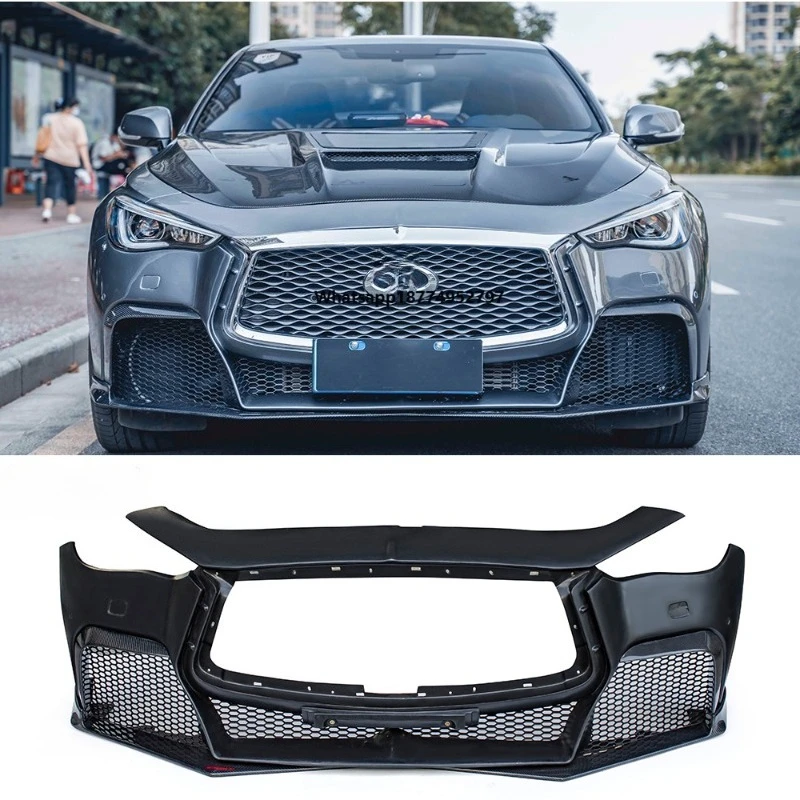 High Quality Project Black S Style Fiberglass Front Bumper with Front Lip & Canards for Infiniti Q60 CV37 2016+ Bumper Upgrade