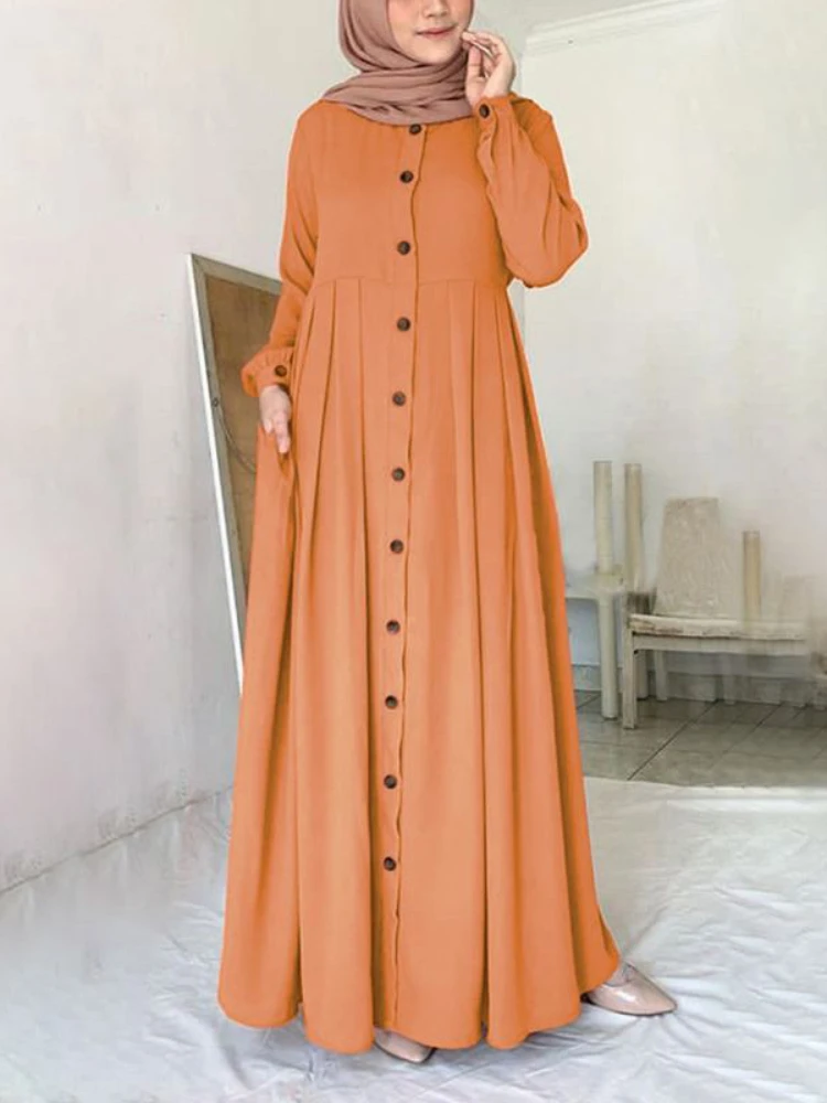 Women Muslim Dubai Abaya Turkey Hijab Dress Turkey Autumn Long Sleeve Buttons Down Sundress Islam Clothing Abayas Maxi Vestidos