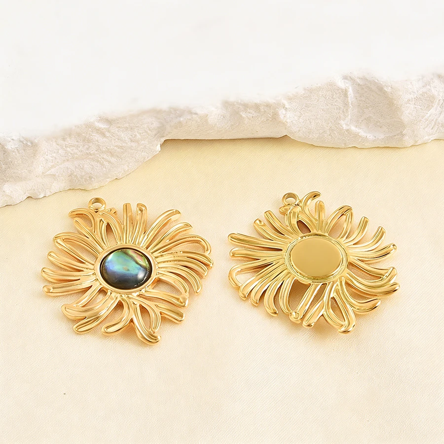2 Stück echte natürliche Abalone-Muschel-Anhänger, großes Kreuz, Sonnenblume, rund, Edelstahl, Herzanhänger für Schmuckherstellung, Großhandel. – Detail 5