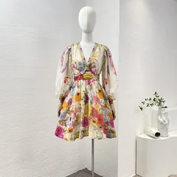 New high quality Multicolor silk linen floral print long sleeve V neck diamonds compressed shirtred women mini dress