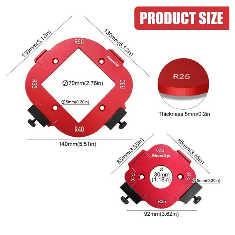 Templat Radius Sudut Bulat Pekerjaan Kayu 2X Templat Pemosisian Sudut Busur Panduan Perutean Set Pemotongan Busur Paduan Aluminium