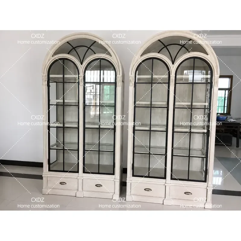Solid Wood Carved Floral Dining Side Cabinet Light Luxury Arched Glass Wine Storage Cabinet European Style Revival Furniture