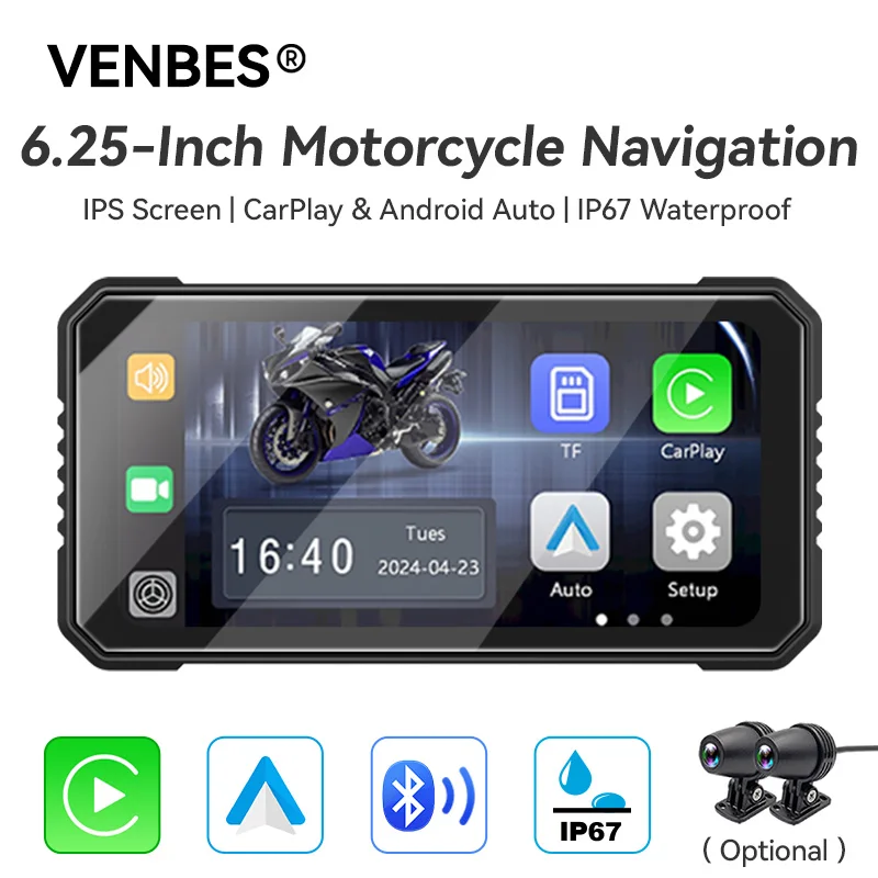 

VENBES Motorcycle Carplay 6.25-Inch GPS Navigation Wireless Android Auto IP67 BT 5.0 Dual DVR Safe Driving