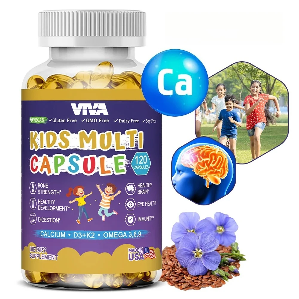 Children's Multi Capsules - with Vitamins D3+K2, Calcium - Immune Support, Brain, Digestion, Eyes and Bone Health - Vegan
