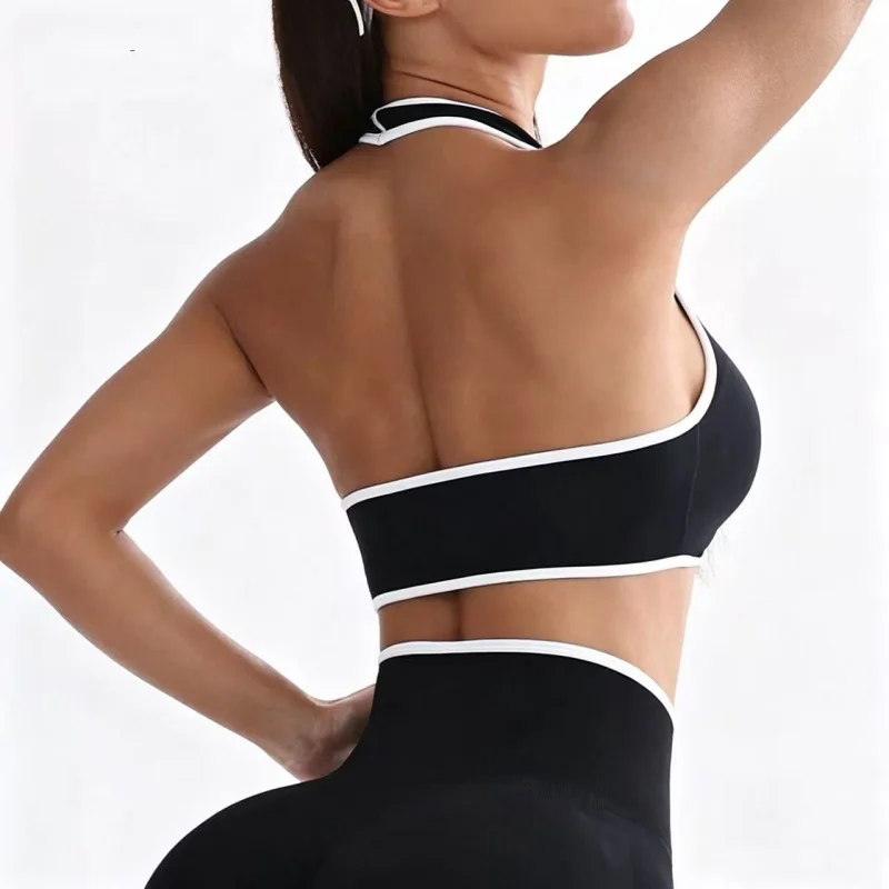 Damen-Yoga-BH mit Halterneck und Farbblock-Design, herausnehmbare Brustpolster, schnelltrocknendes Sport-Top für das Training. – Detail 3