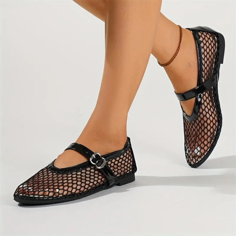 Sommerliche, atmungsaktive Ballerinas für Damen mit runder Spitze, Mary Jane Sandalen, 2026, einfarbig, mit Schnallenriemen, Damenschuhe