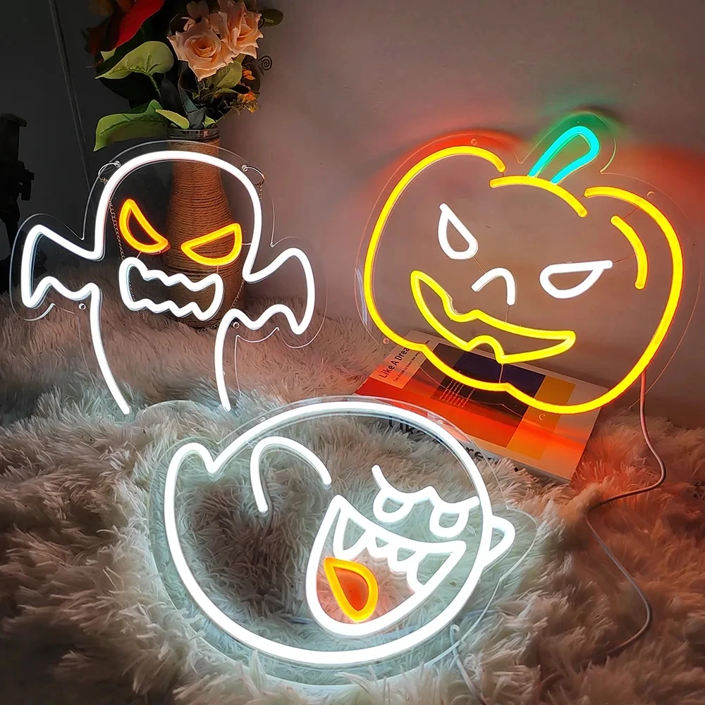 King Boo The Ghost Face Neon Sign LED Light for Halloween Decor Witch Hat Neon Lights Skull Decor Man Cave Party Birthday Gifts