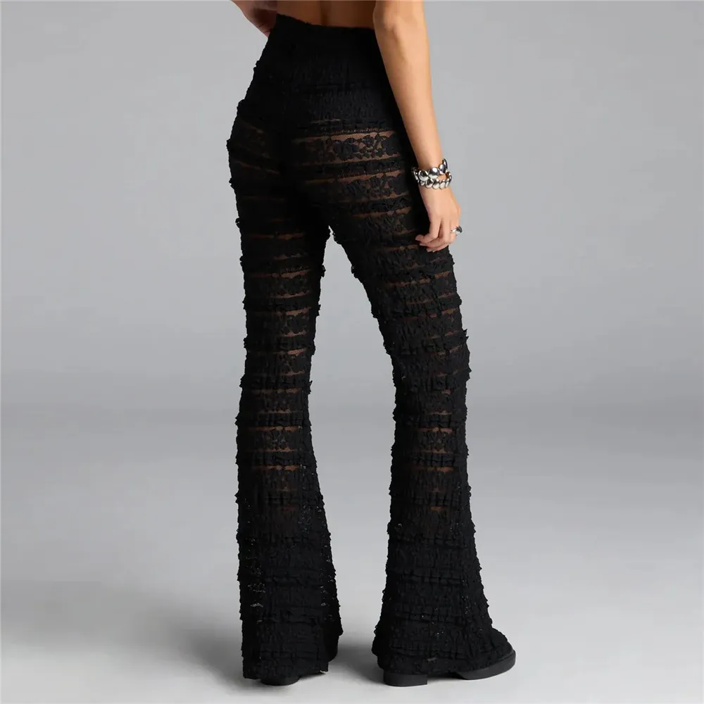 Women's Floral Lace Trousers High Elastic Waist Casual Soild Color See Through Flare Pants Retro Vintage Y2K Aesthetic Clothes