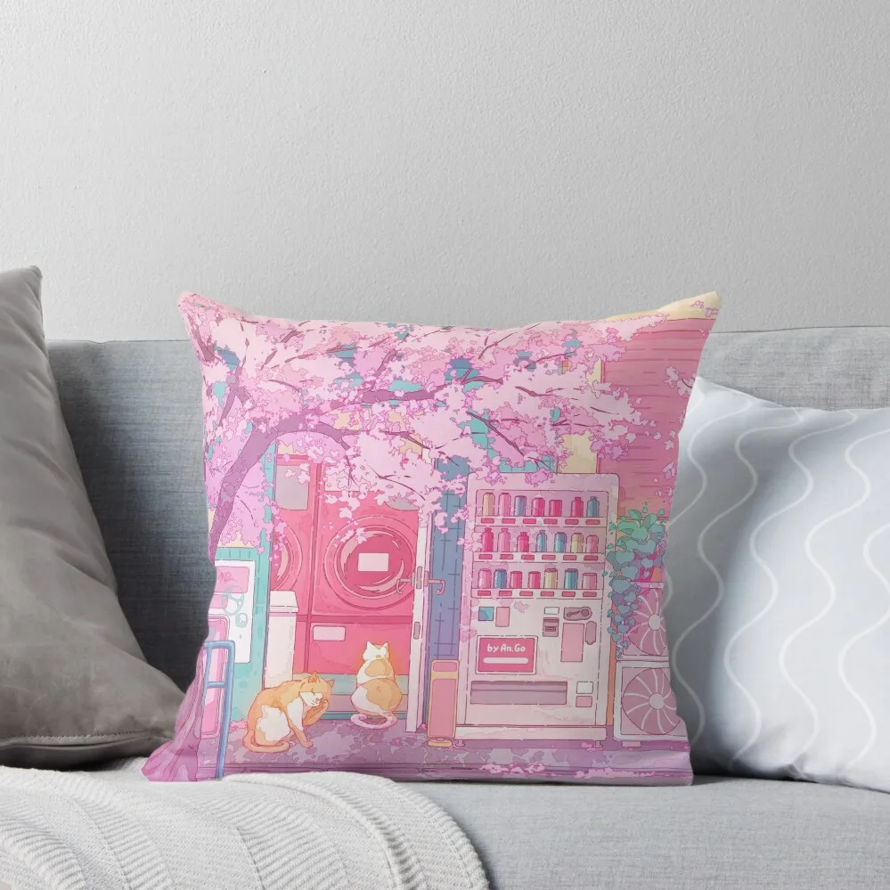 

Cute red cats at the laundry store and pink cherry blossom Throw Pillow Anime pillow