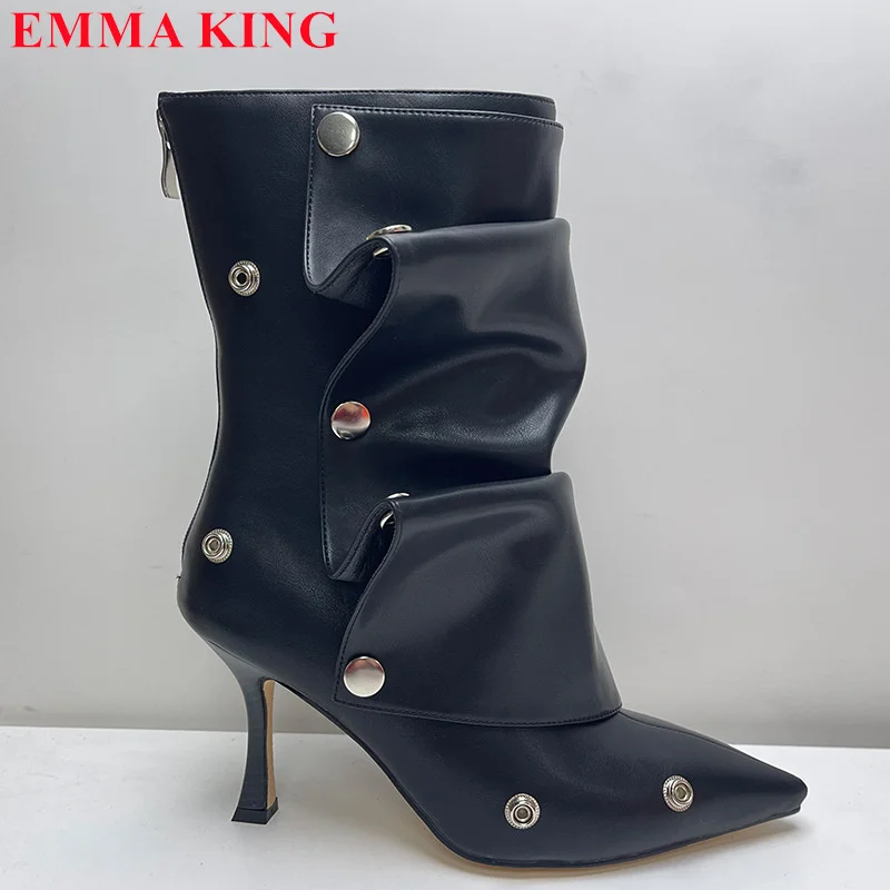 2024 Fashion Pleated Metal Button Ankle Boots Women Rivet Pointed Toe Short Boots Ladies High Heels Party Shoes Botas Mujer