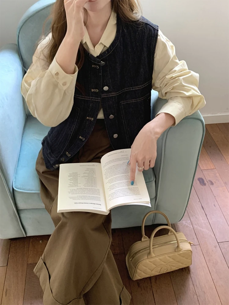 

Retro Design Denim Jaet Women's Spring Summer New round Ne Svel Outerwear Sli Layering oulder Pad Vest