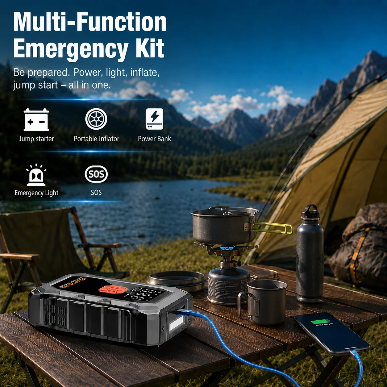 Car Jump Starter 3000A Peak 12V Jump Starter,150PSI Tire Inflator Air Pump,Multifunctional Emergency Battery Charger Power Bank & Jumper Cables USB Port LED Flashlight Portable Rescue Tool ,for Gas Vehicle SUV Truck Large Displacement Car ﻿ ﻿