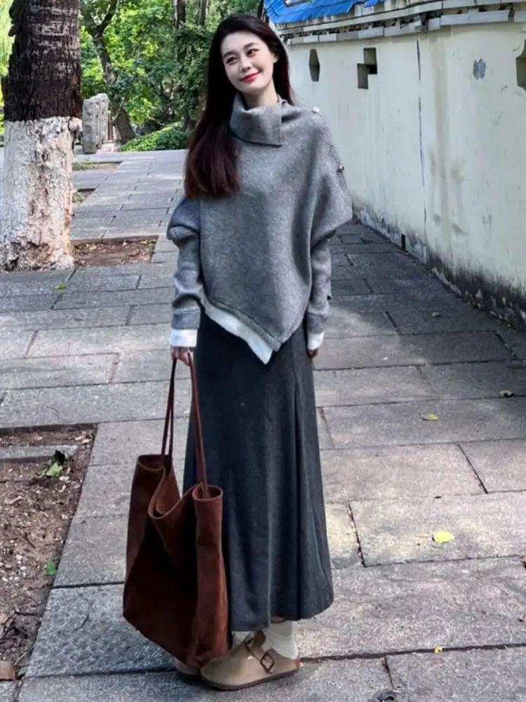 

Ретро академический вязаный свитер цвета Blo, женский модный комплект с плащом и юбкой, комплект из двух предметов, зимняя повседневная одежда