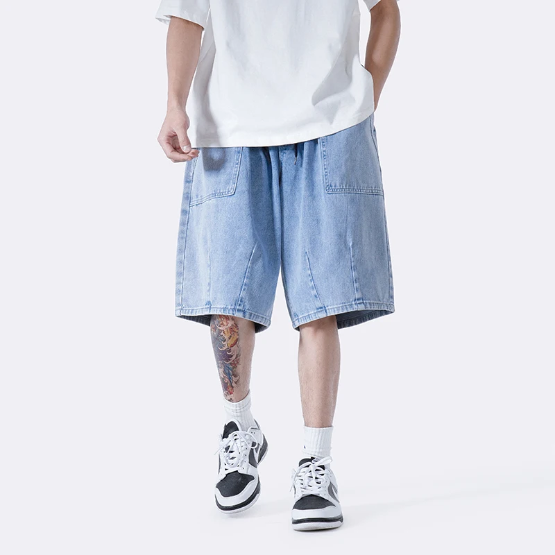 

Light Blue Men's Denim orts American Retro Oversize Straight Leg Loose Casual Summer Five-Point Pants Youth Trend