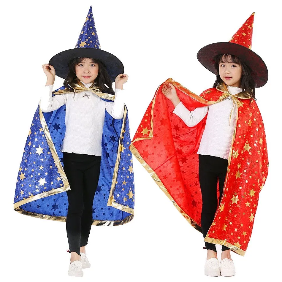 Kids Costume Teens Sparkly Halloween Cloak with Witch Hat Children Outfit Boy Girl Birthday Dress Up Long Party Photography Prop