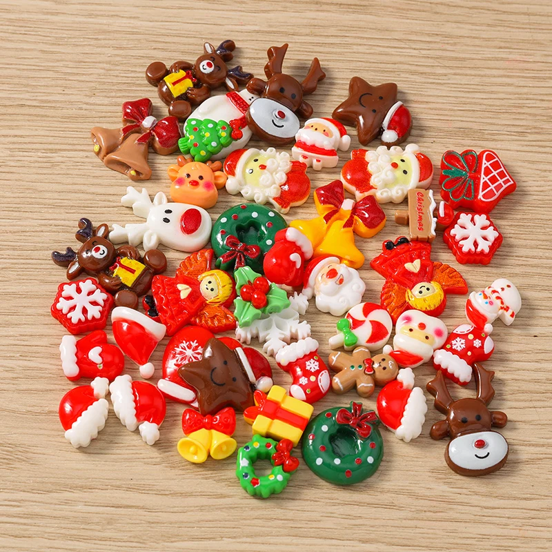 10pcs Mix Cartoon Resin Christmas Series Figurine Crafts Flatback Cabochons Ornament Jewelry Making Girls Hairwear Accessories