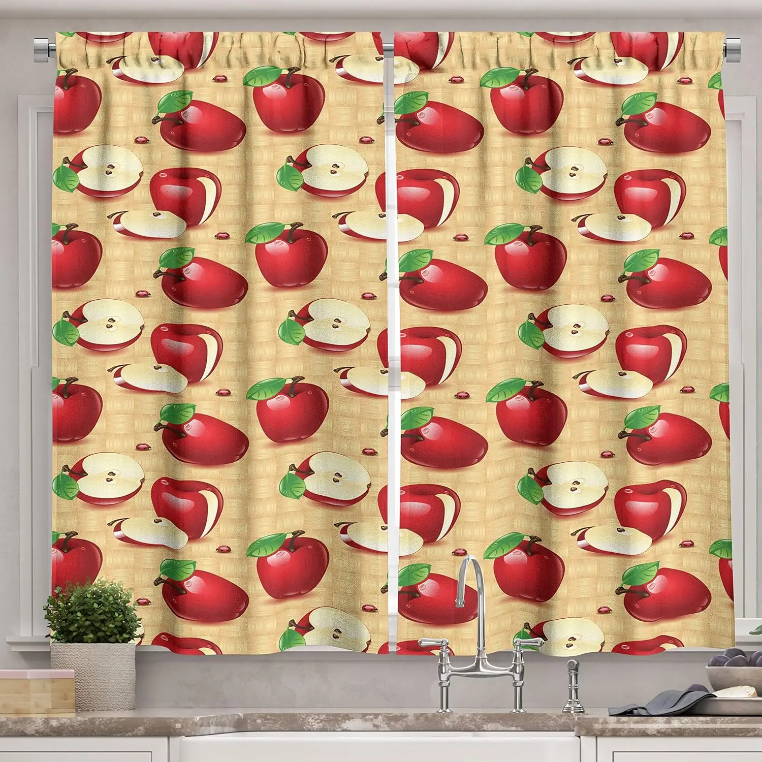 

Lunarable Apple Kitchen Curtains, Red Apples Whole and Sliced on Wicker Natural Wood Background Graphic Print, Window Drapes 2 P