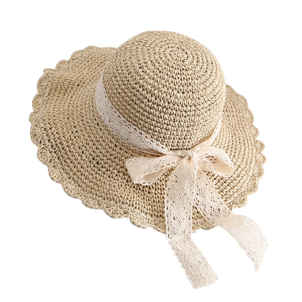 

Lace Bowknot Straw Sun Hat Beach Summer Wide Brim Foldable Outdoor Visor For Women Fishing Hiking Gardening Pool Party 56-58Cm