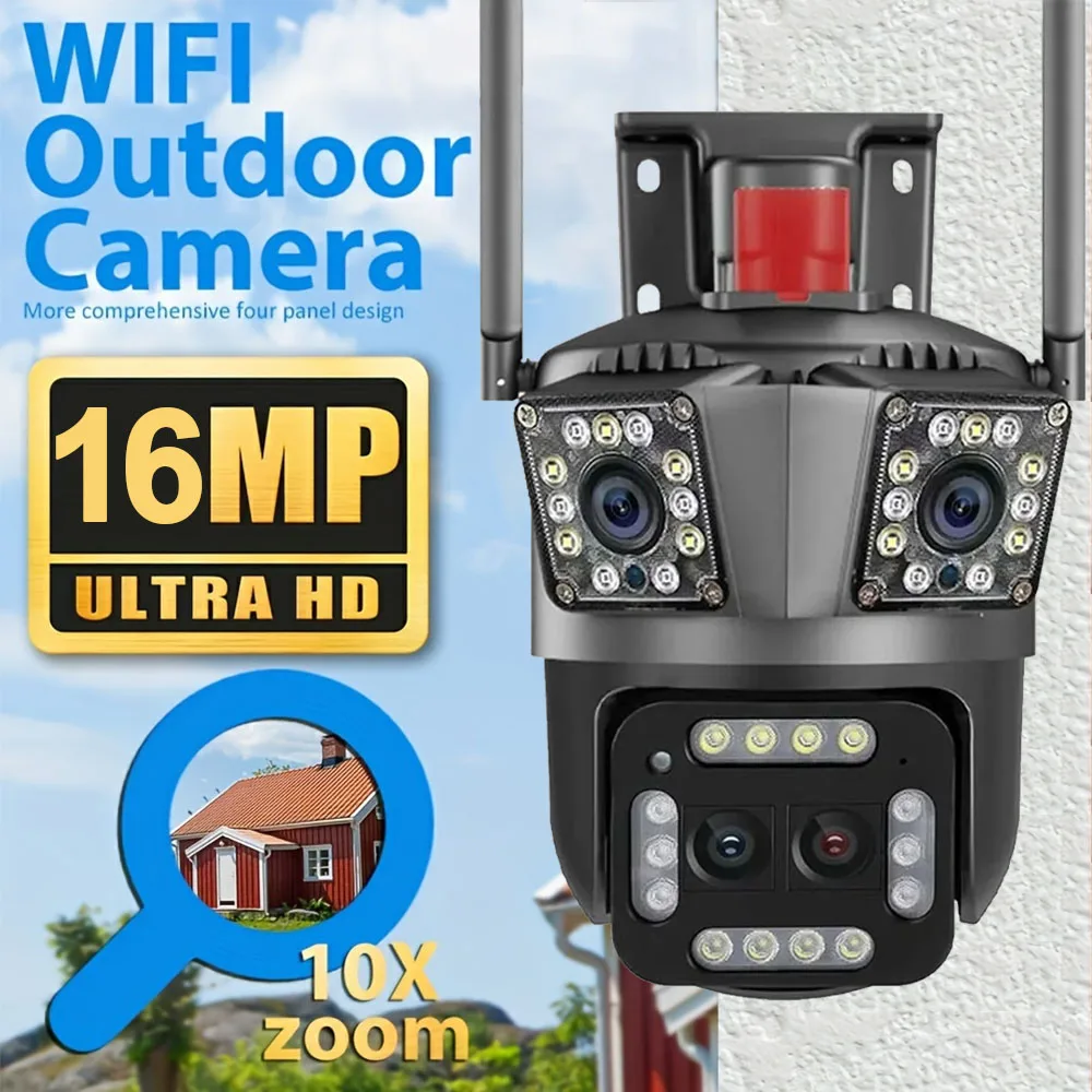 16MP WiFi Camera Outdoor 12X Zoom Four Lens Three Screen Auto Tracking Security Protection 8MP Video CCTV Surveillance Camera