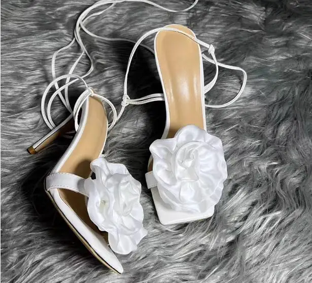 

Pure White Hot Pink Rose Flower Square Open Toe Ankle Lace Up 10 CM High Heel Sandals Women Banquet Dress Wedding Shoes Lady