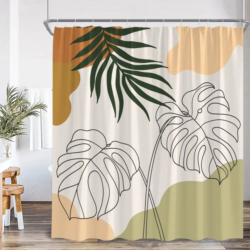 Mid Century Abstract Shower Curtain Leaf Curve Simple Line Nordic Modern Bathroom Decor Polyester Fabric Bath Curtain with Hook