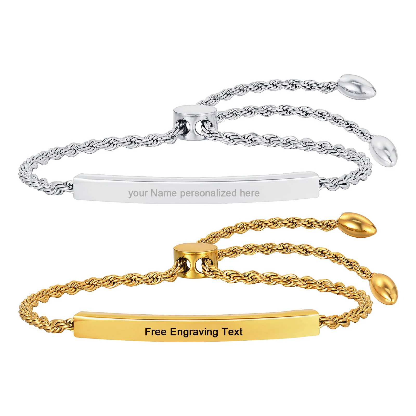 

Personaized ID Bracelet Nameplated Customized for Women Gift Adjustable Rope Chain Stainless Steel,Free Engraved Link Jewelry