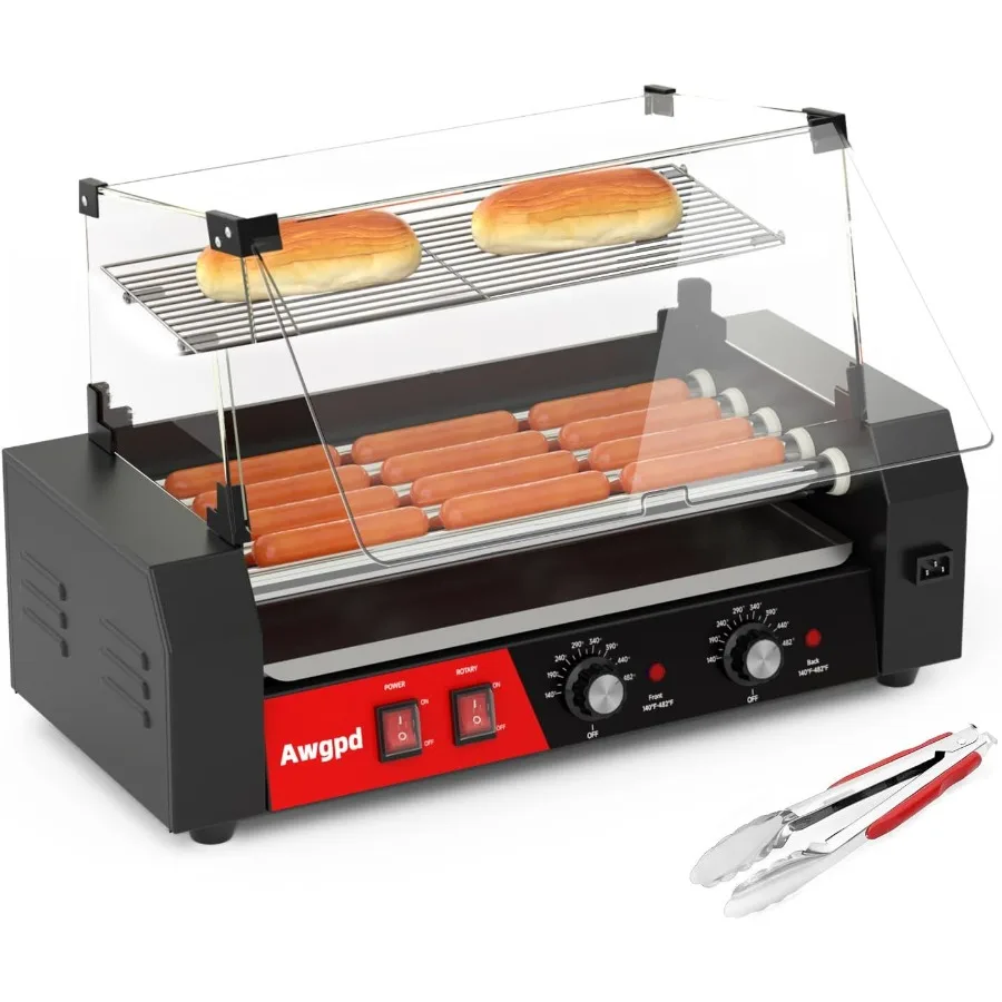 

Hot Dog Roller Machine 12 Hot Dog and 5 Non-Stick Roller Sausage Grill Cooker Machine with Glass Cover Drip Tray Dual Temperatu