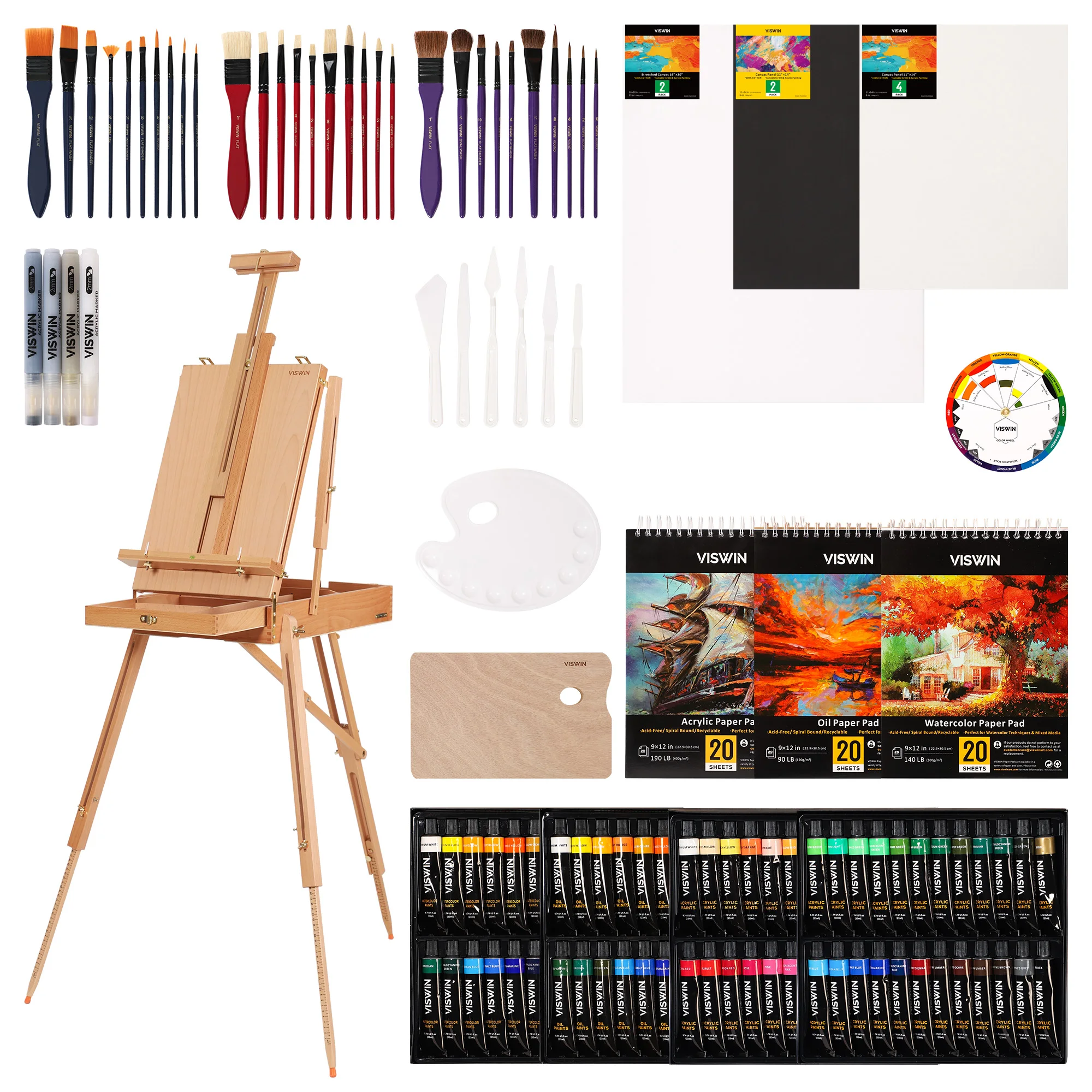 VISWIN Drawing Set With French Easel,Painting Brushes,Oil Tubes,Watercolor Pads,Canvas,Palete,Knives