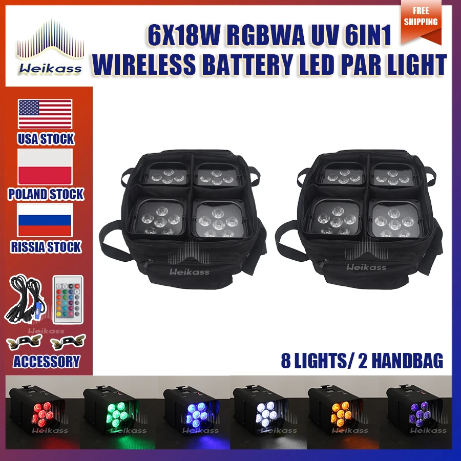 

No Tax 2x bags Wireless Remote Control Wifi APP Smart LED Par 6x18W 6in1 RGBAW+UV Battery Lighting Disco Stage Party Nightclub