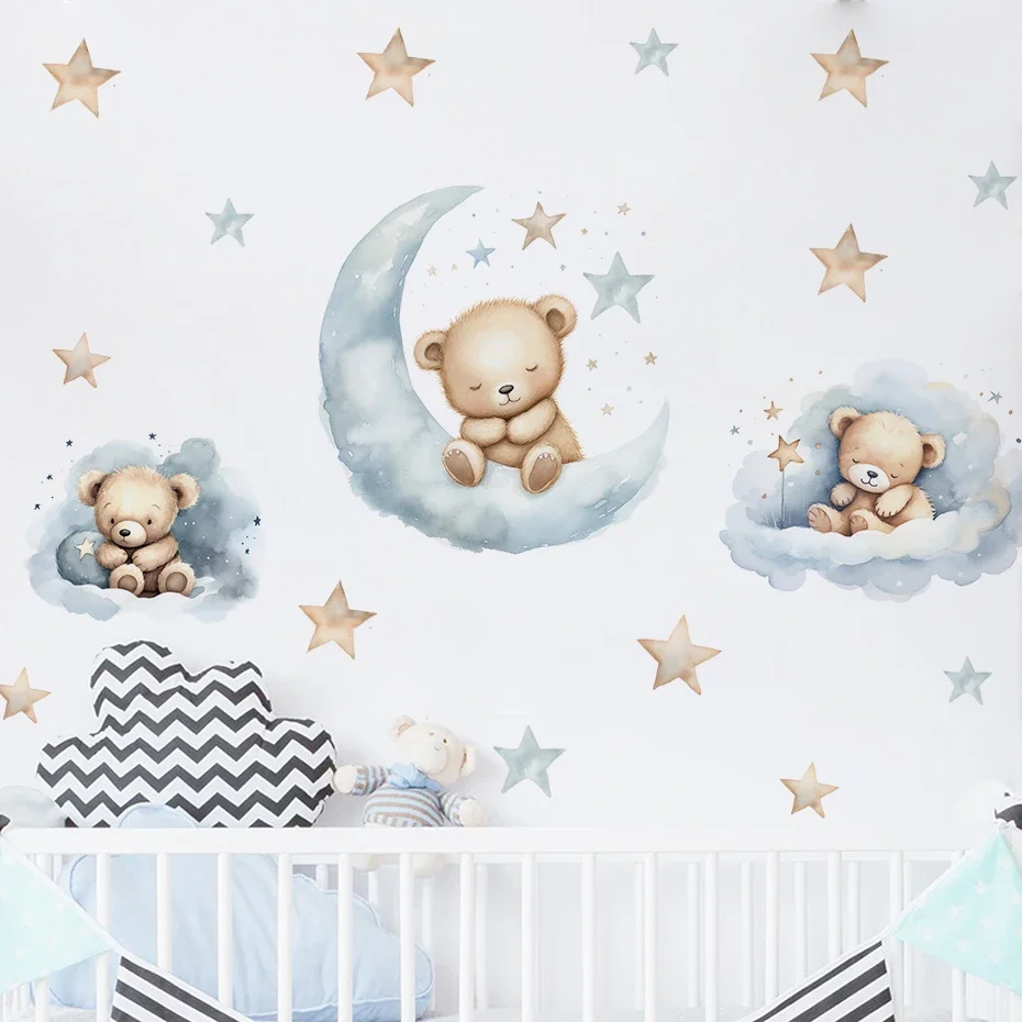 Pegatinas de pared de Luna y oso de peluche de dibujos animados azules para habitación de niños, pegatina decorativa para guardería de bebé, pegatinas de pared para habitación de bebé y dormitorio de niño y niña