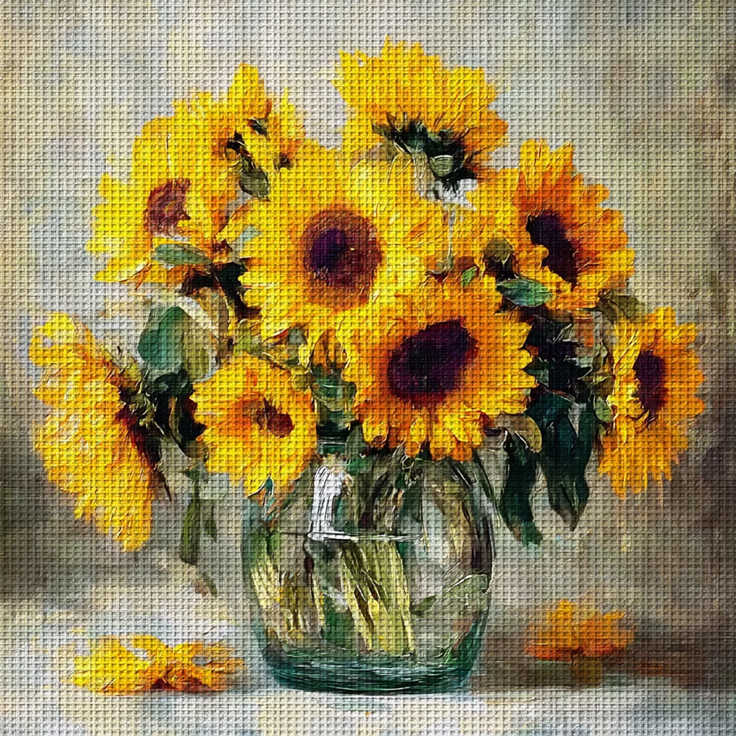 1 Stück 36x36cm/14,17x14,17 Zoll, 11CT Druck-Kreuzstich-Set, Vintage Sonnenblumen-Vase, Entspannendes Kreuzstich-Set für Erwachsene Anfänger