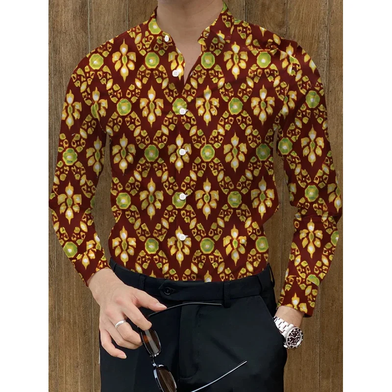 

New Men's Shirt 3D Simple Line Print Clothes Fashion Button Lapel Street Trend Men's Hawaiian Long Sleeve Shirt，