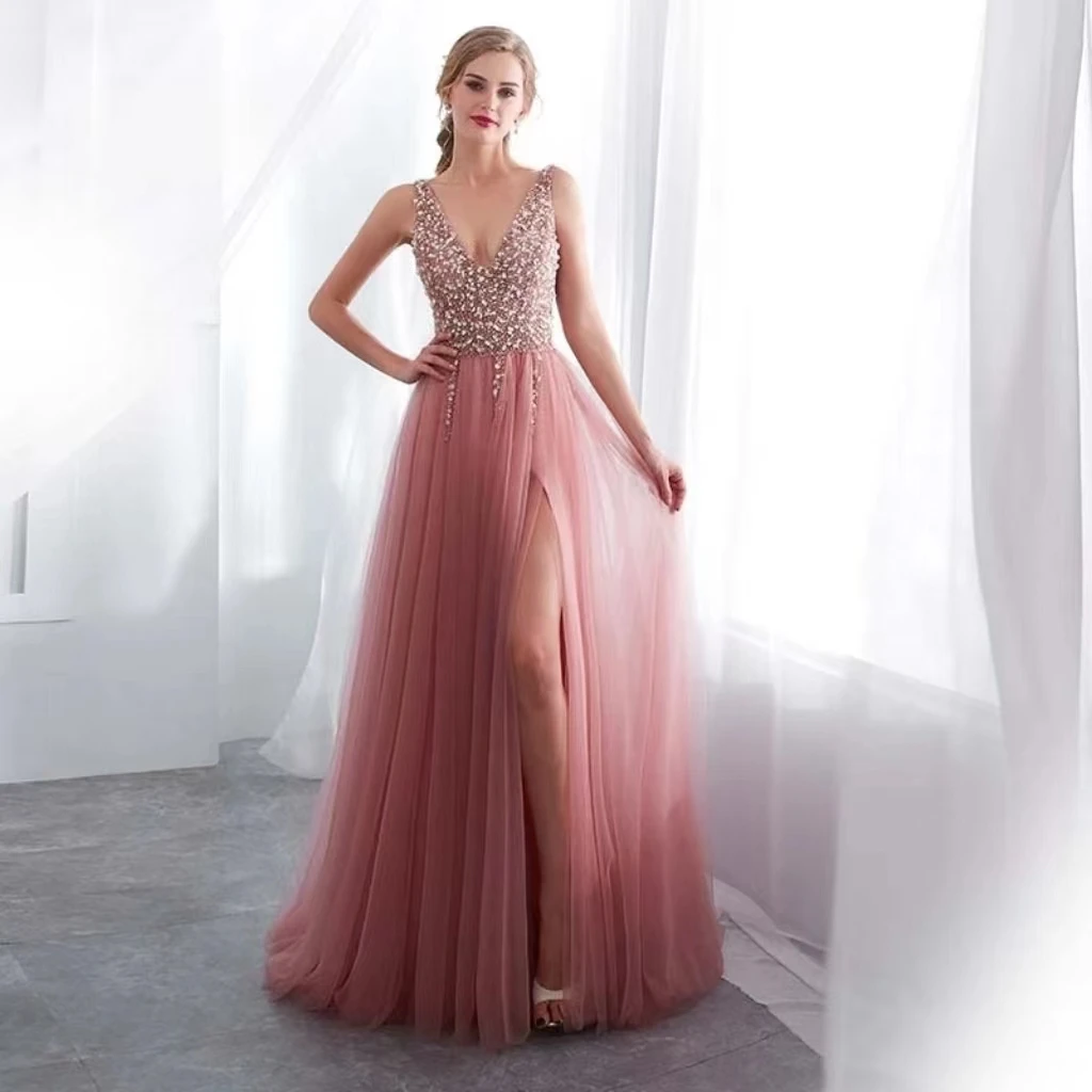 

V-Neck Pink Beading Evening Dress 2023 High Split Tulle Sweep Train Sleeveless Prom Gown A-line Lace Up Backless Vestido De