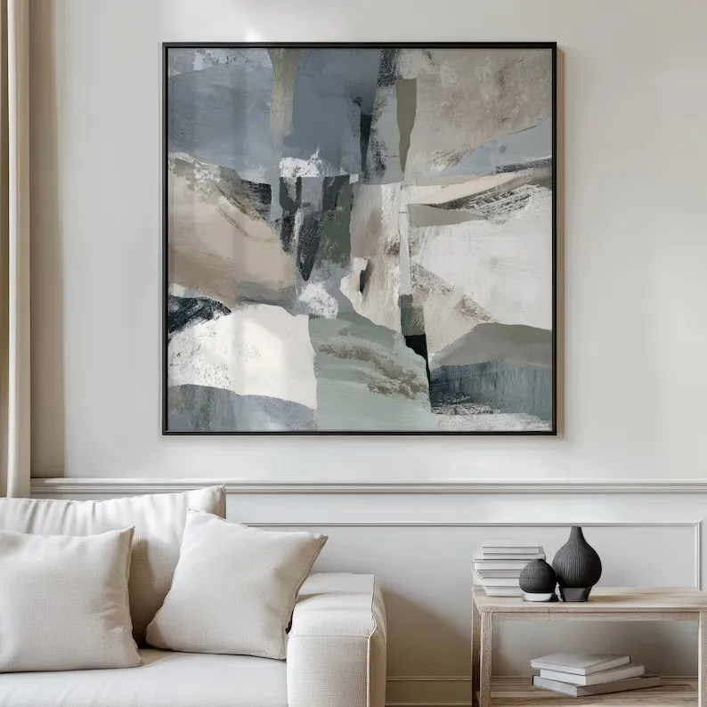 Wholesale Customize Modern Handmade Textured Geometry Design Blue Abstract Oil Painting for Home Living Room Wall Art Dec