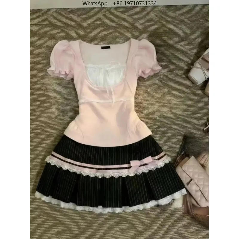 Women Vintage 2 Piece Outfit Kawaii Tops and Mini Skirt Sweet  Casual Matching Set