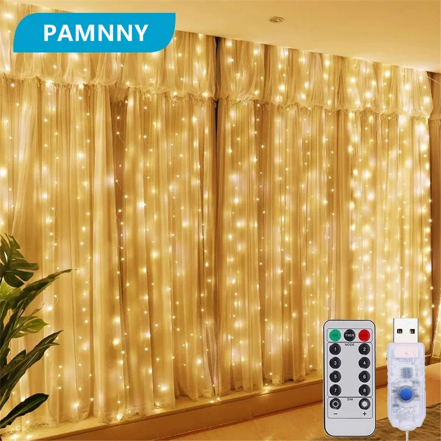 

USB Powered 3X3/3X2M LED Copper Wire Curtain Lights Remote 8 Modes Christmas Garland Fairy String Lights for Party Wedding Decor