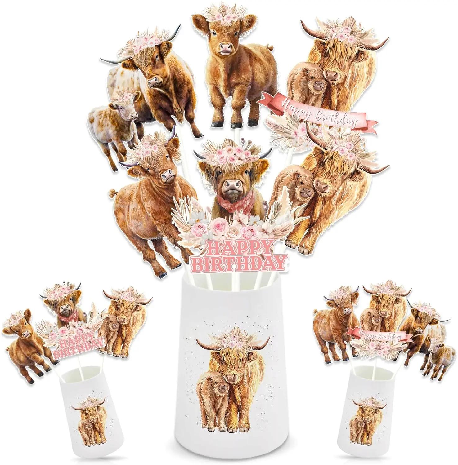 

Highland Cow Centerpiece Sticks Birthday Decor Boho Retro Floral Highland Cattle Table Decor Farm Animal Holy Cow Birthday Party