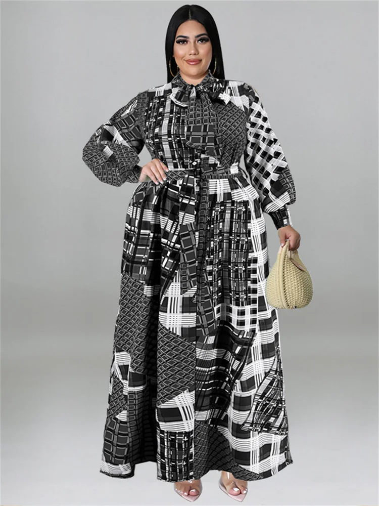 Wmstar Plus Size Women Clothing Fall Dresses with Belt Loose Vintage Long Sleeve Print Big Hem Long Dress Wholesale Dropshipping