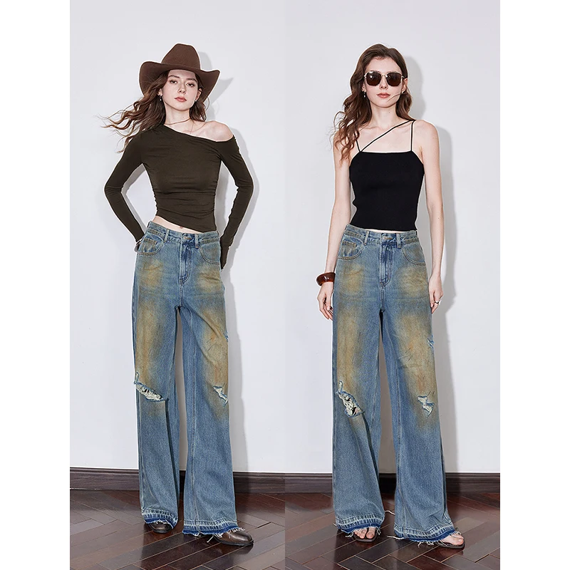 TOYOUTH Women Jeans 2025 Spring New American Wasteland Style Mid Waist Straight Wide Leg Long Pants