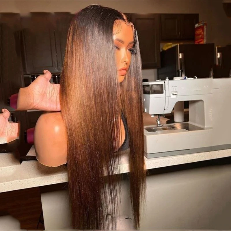 

26 дюймов 180 Плотность Ombre Блондинка Прямые парики фронта шнурка для женщин с волосами ребенка Синтетическое волокно Глубокая часть Парики для повседневного ношения