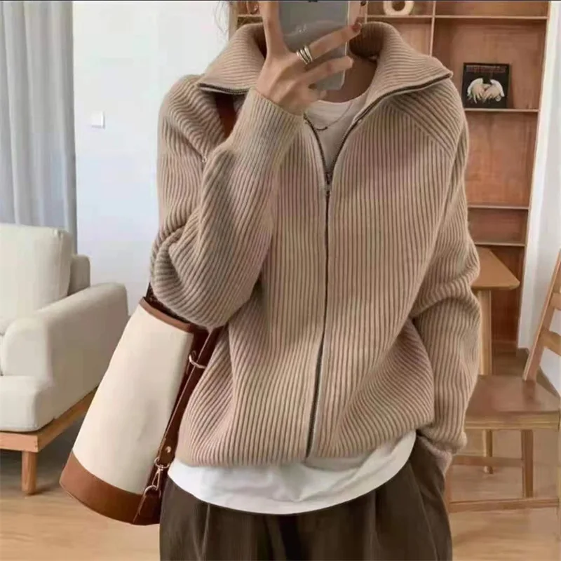 

Turtleneck Vintage Zipper Knitted Cardigan Autumn/Winter Loose Relaxed Lazy Style Polo Neck Sweater Coat Korean Knitted Sweater