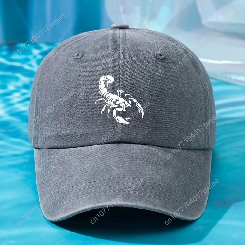 Vintage Washed Baseball Cap with Scorpion Print, Adjustable Hip-Hop Trucker Hat, Casual Style, Lightweight Polyester, Machine Wa