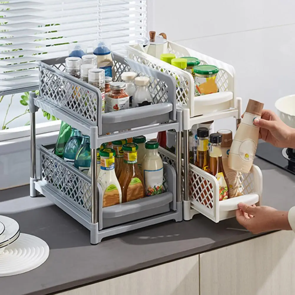 Pantry Organization Rack Double-layer Sliding Under-sink Organizer Rack with Capacity Strong Load-bearing for Easy Assembly