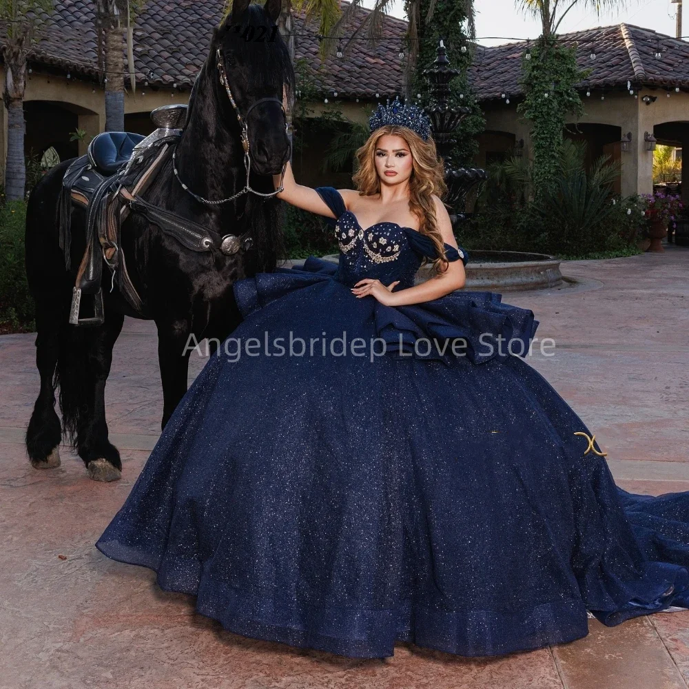 Angelsbridep-Vestido de baile azul marinho Glitter Tulle, 15 anos, vestidos Quinceanera, vestido de festa de aniversário