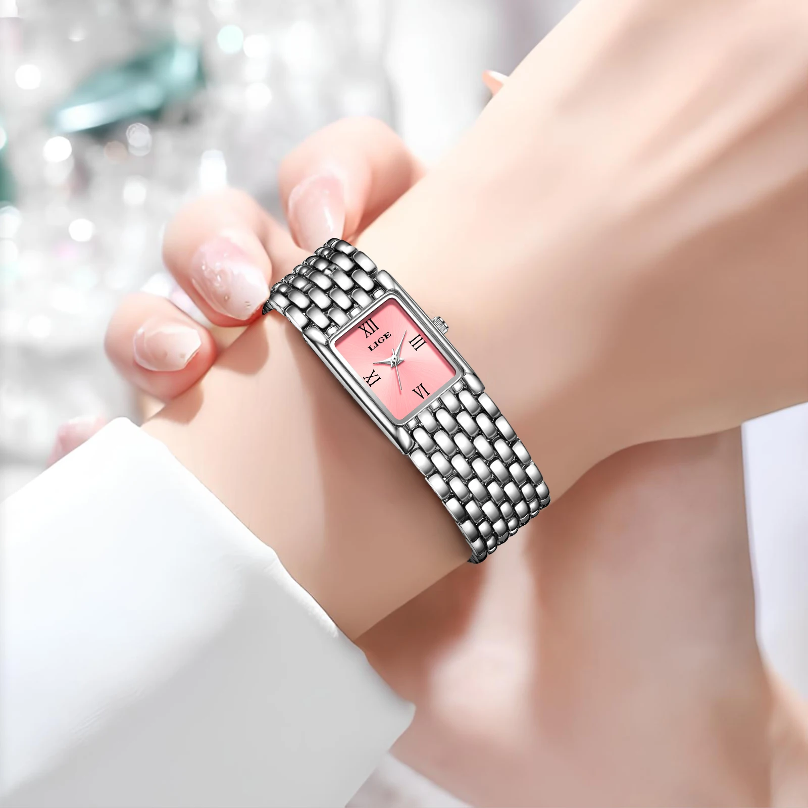 LIGE Luxus Frauen Uhren Mode Rechteck Frau Quarzuhr Edelstahl Band Armbanduhren Reloj Mujer + Box