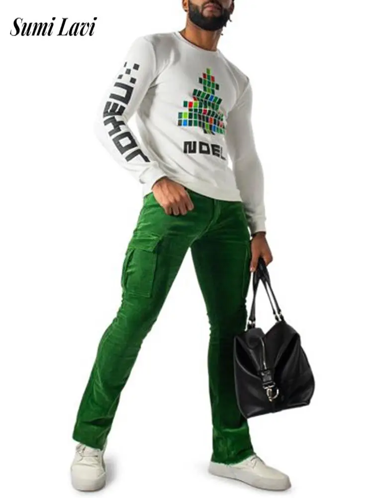 

Spring Fall New Casual Pants Mens Streetwear Vintage Multi Pockets Cargo Trousers For Men Stylish Solid Color Corduroy Trousers
