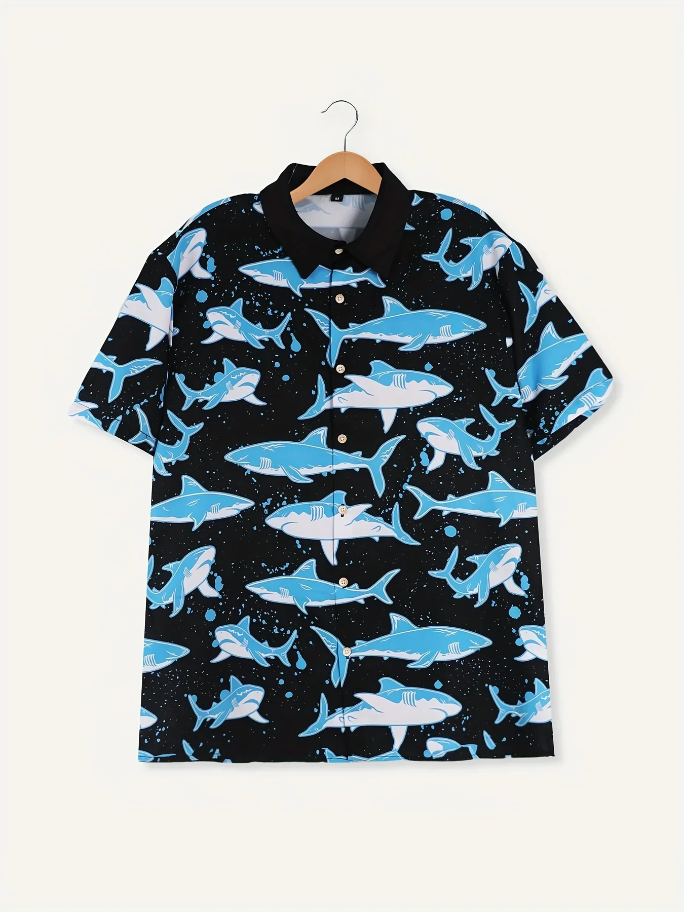 Men's cartoon shark pattern short sleeved shirt, Hawaii beach party costume, oversized shirt style, summer vacation