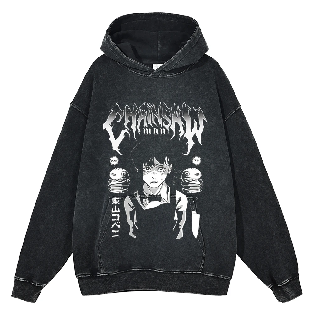 Men Hip Hop Streetwear Black Washed Hoodie Sweatshirt Japanese Anime Girl Print Harajuku Pullover Cotton Vintage Hooded Hoodie